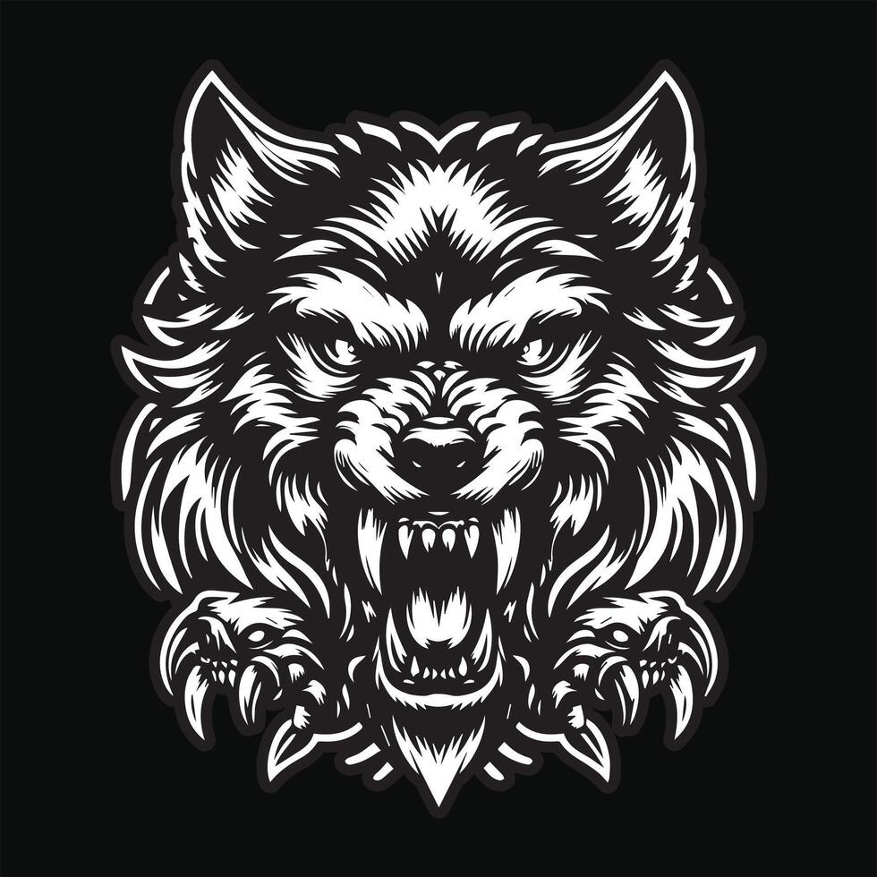oscuro Arte lobo enojado de miedo cabeza negro y blanco ilustración vector