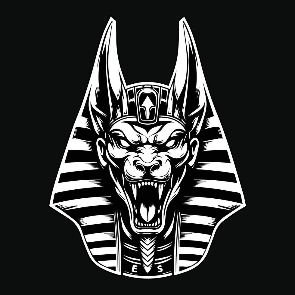 Dark Art Angry Anubis Head Black and White Illustration vector