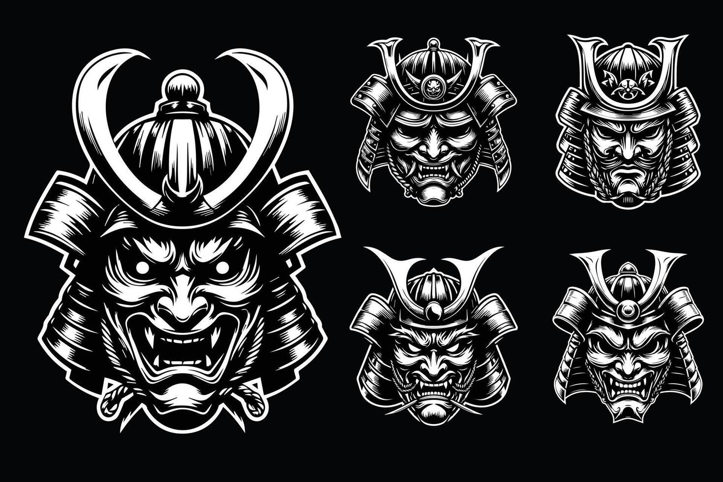 Dark Art Scary Japanese Samurai Mask Black and White Illustration vector