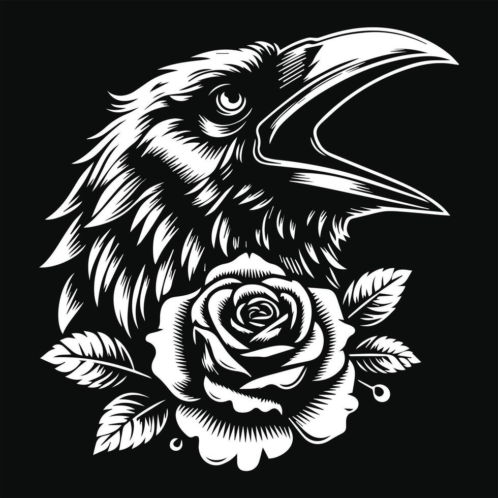 Crow Head with Rose Flower Grunge Vintage Style Hand Drawn Illustration Black and White vector