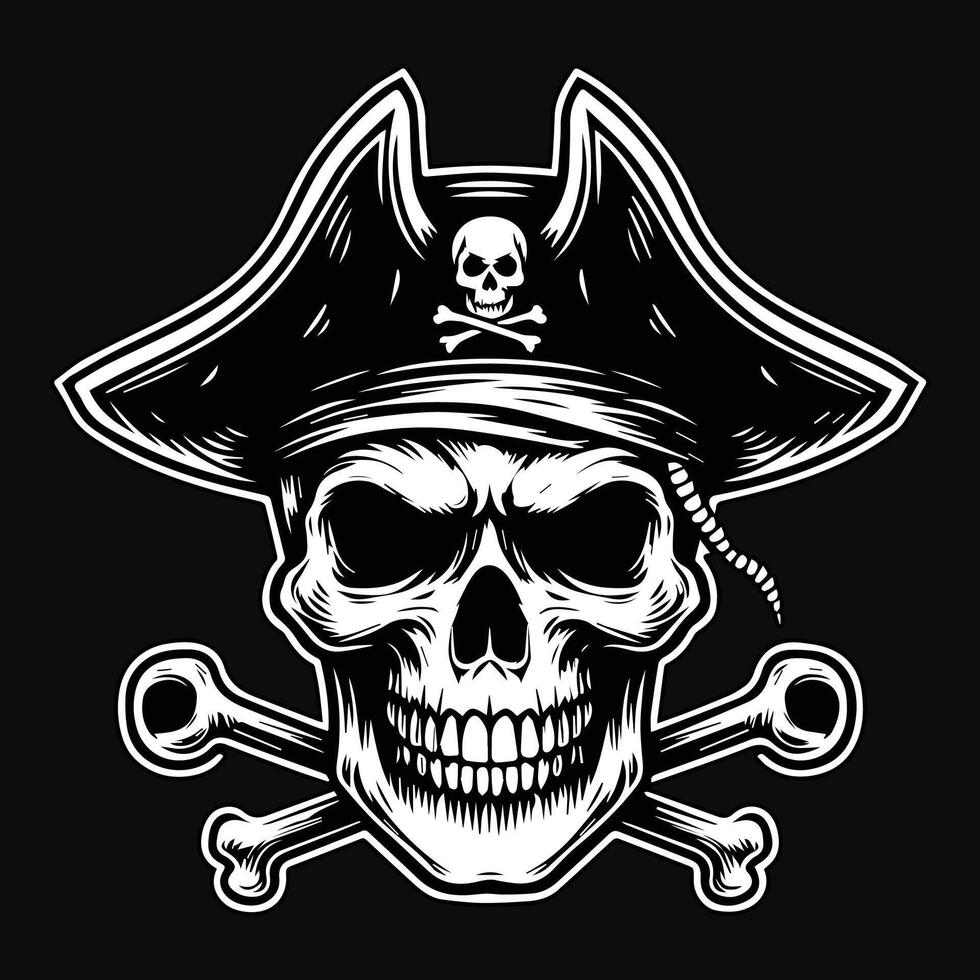 oscuro Arte piratas cráneo cabeza con sombrero piratas negro y blanco ilustración vector