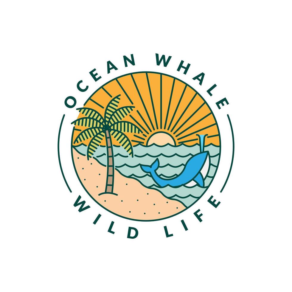 illustration of beach and whale monoline or line art style vector