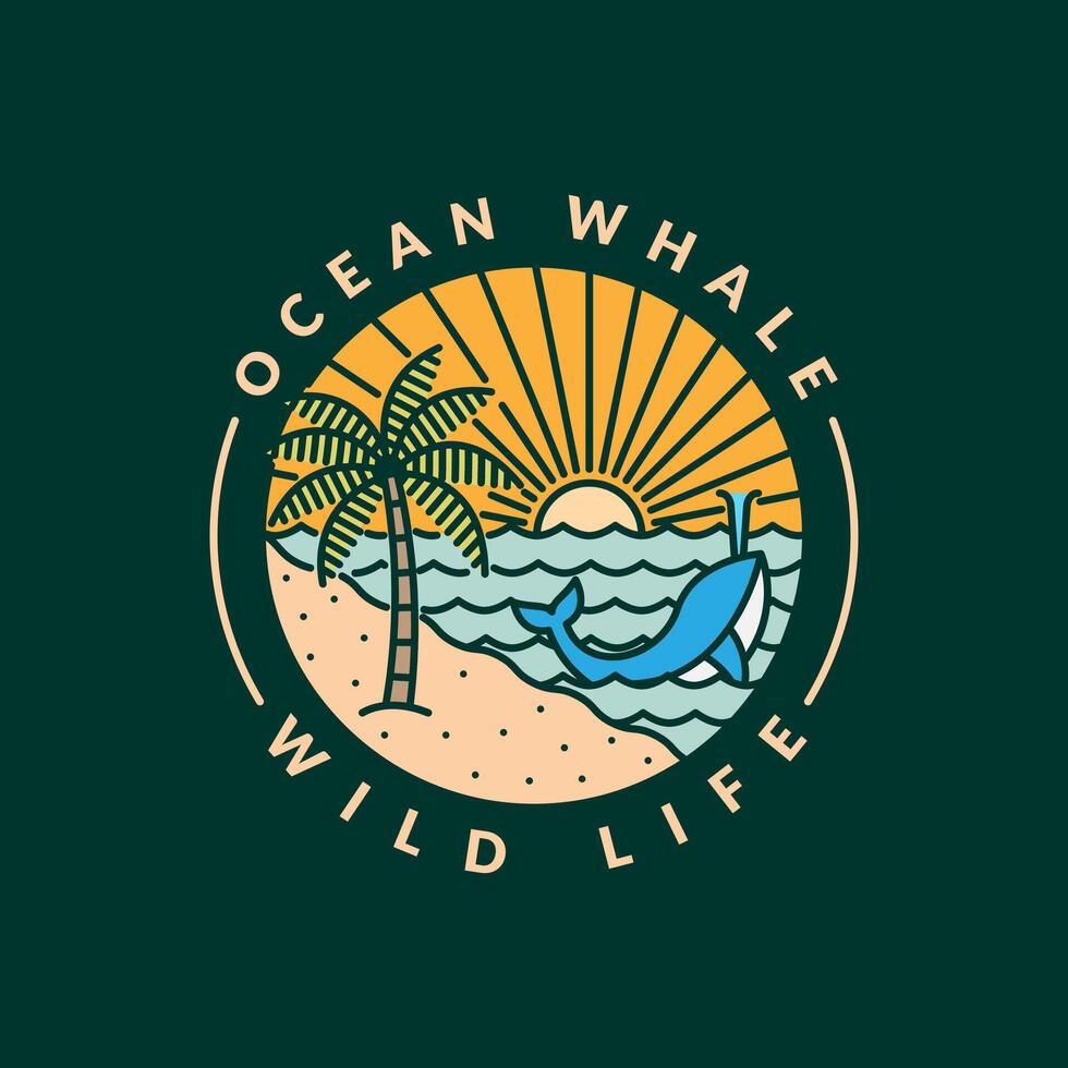 illustration of beach and whale monoline or line art style vector
