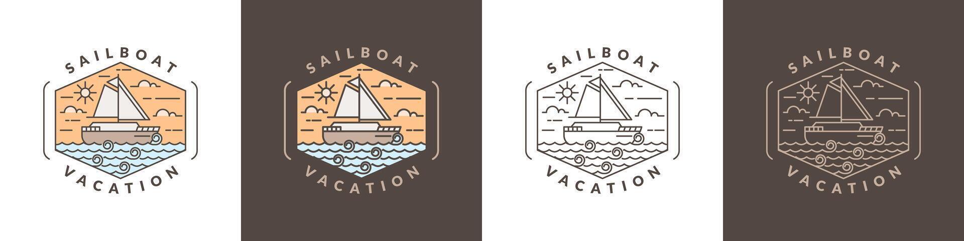 ilustración de velero y Oceano monoline o línea Arte estilo vector