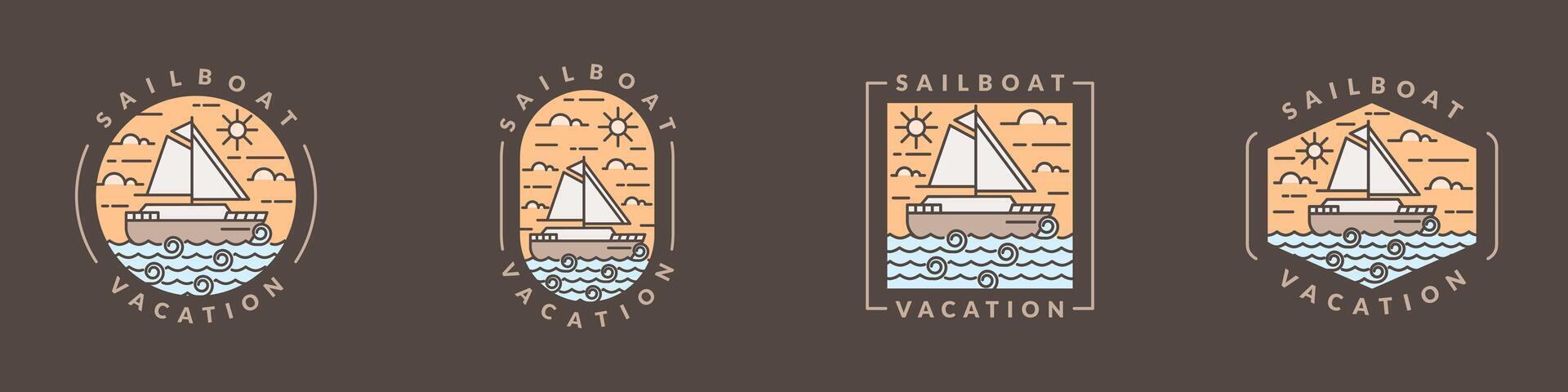 illustration of sailboat and ocean monoline or line art style vector