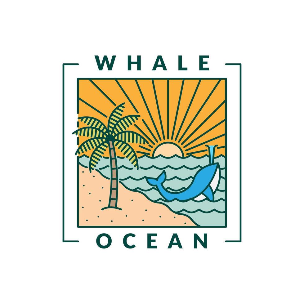 illustration of beach and whale monoline or line art style vector