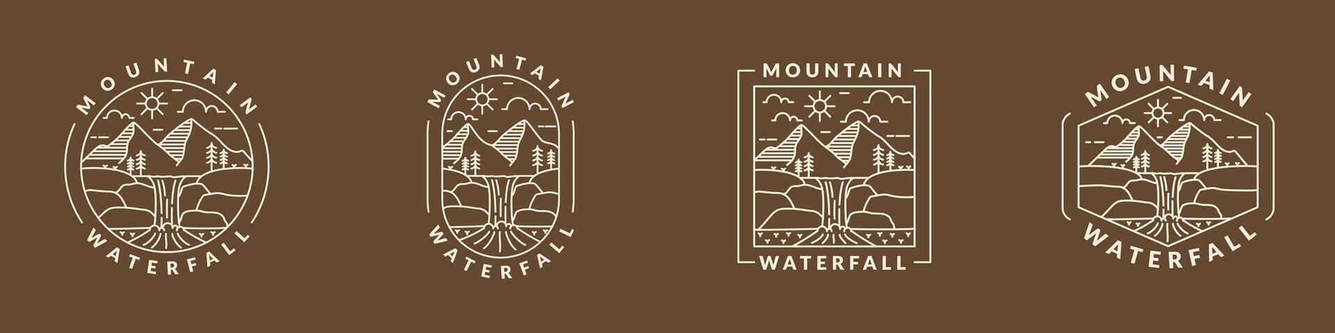 illustration of mountain and waterfall outdoor monoline or line art style vector