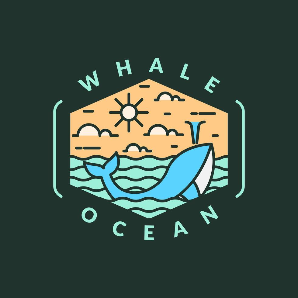 illustration of ocean and whale monoline or line art style vector