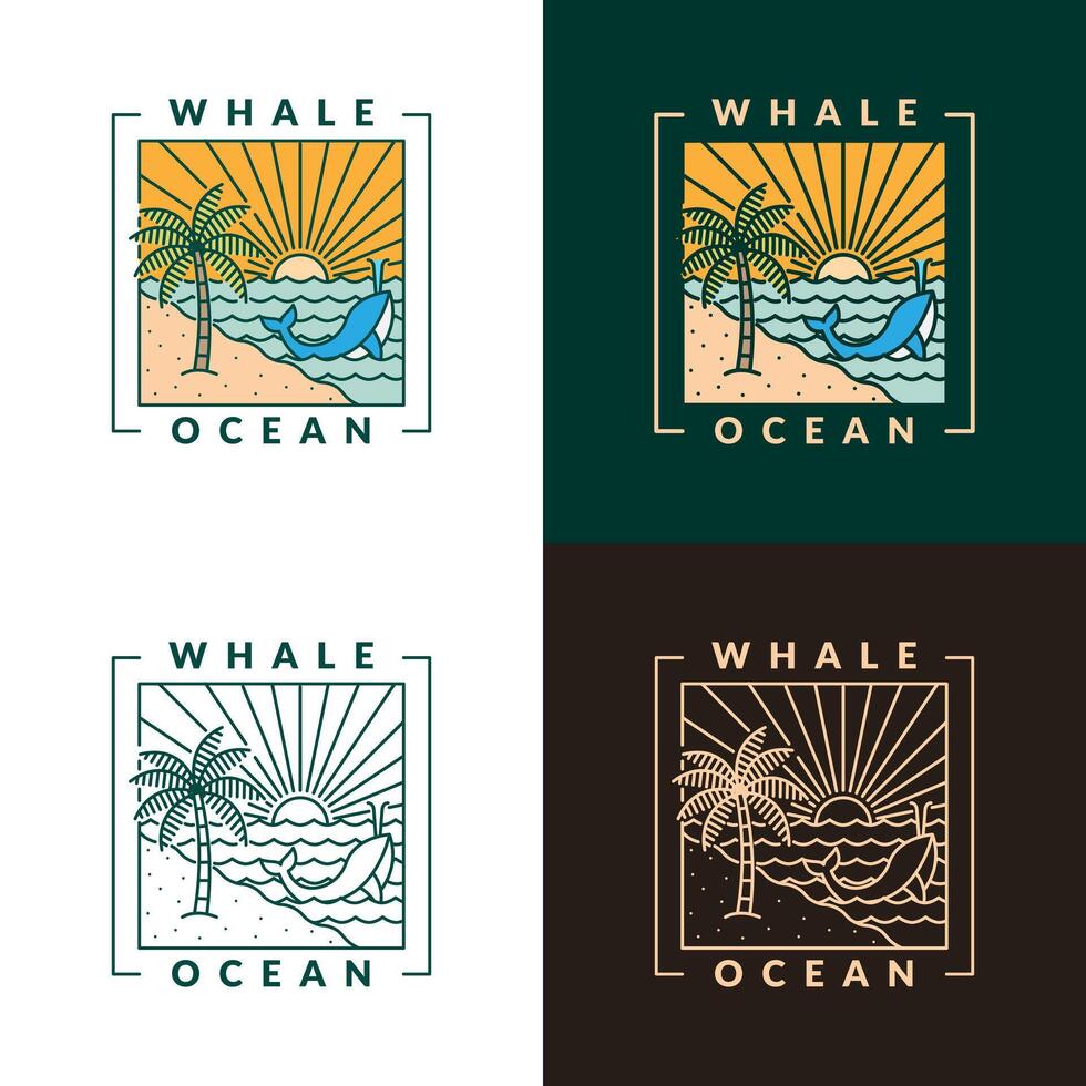 illustration of beach and whale monoline or line art style vector