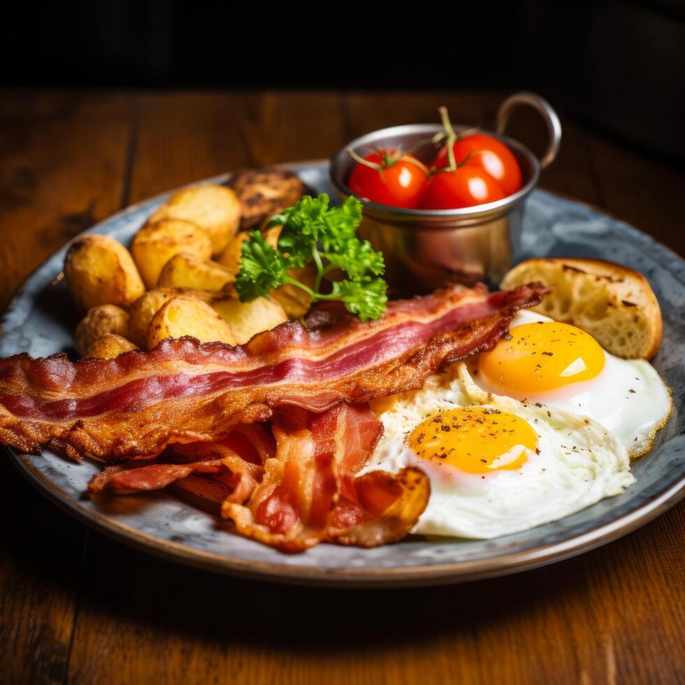 AI generated English breakfast featuring crispy hash browns, fluffy scrambled eggs, and grilled bacon photo