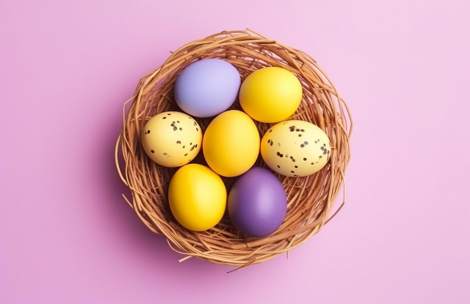 AI generated colorful easter eggs nestled in a wicker basket on pink background photo