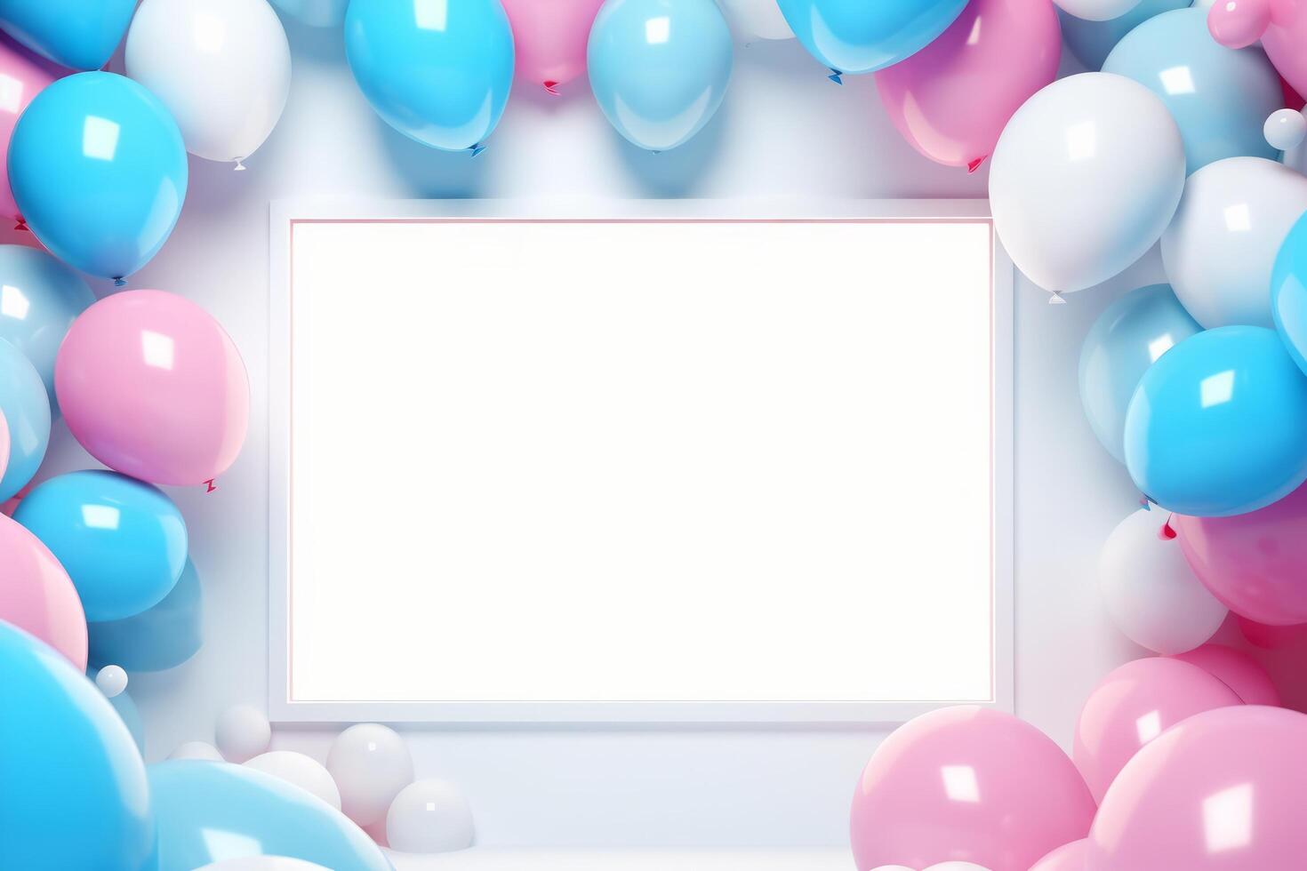 AI generated blue balloons are floating on a background with a square frame behind them photo