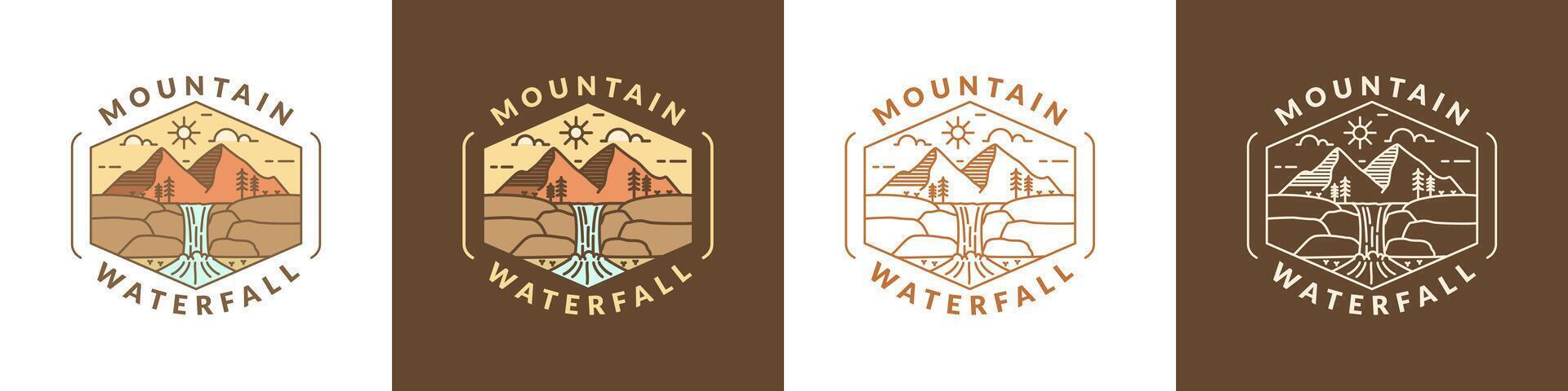 illustration of mountain and waterfall outdoor monoline or line art style vector