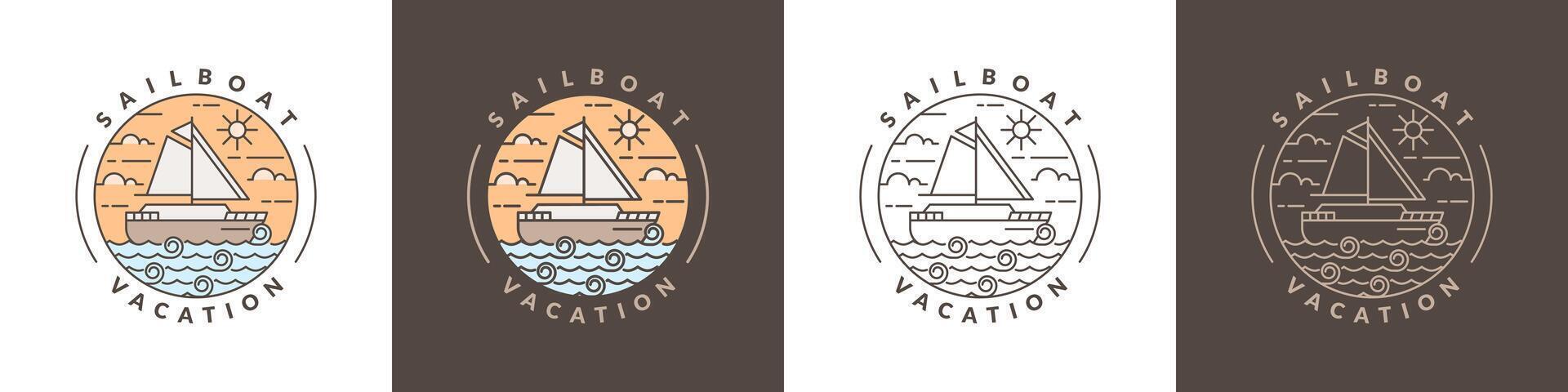 illustration of sailboat and ocean monoline or line art style vector