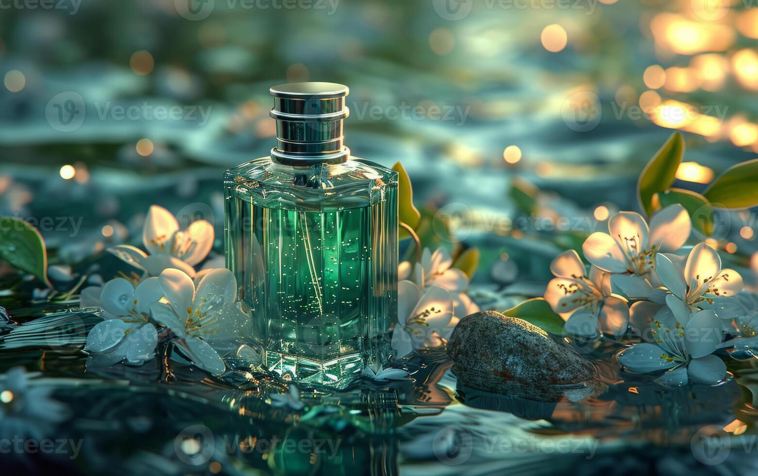 AI generated Green Perfume Bottle Amidst Floral Water photo