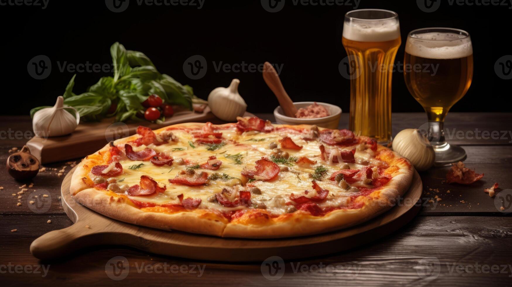 AI generated Pizza and Beer on Wooden Table photo