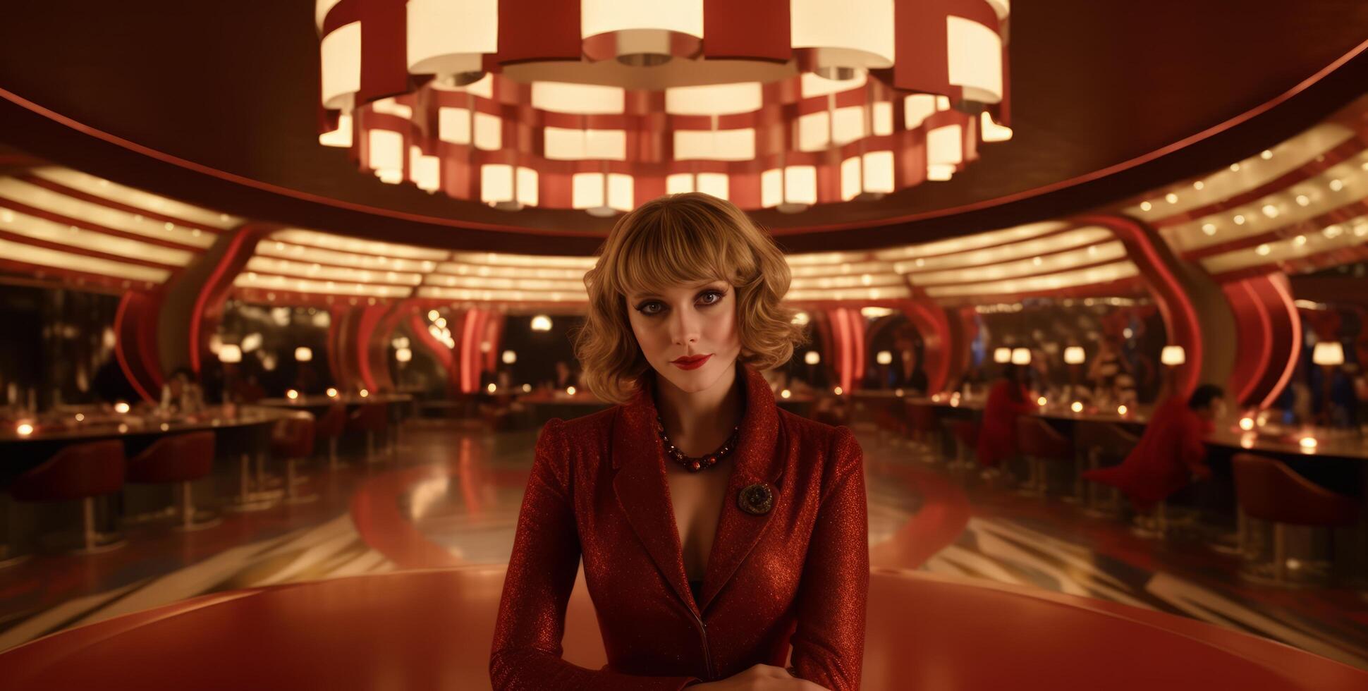 AI generated a beautiful girl in a red dress stands in a large hall photo