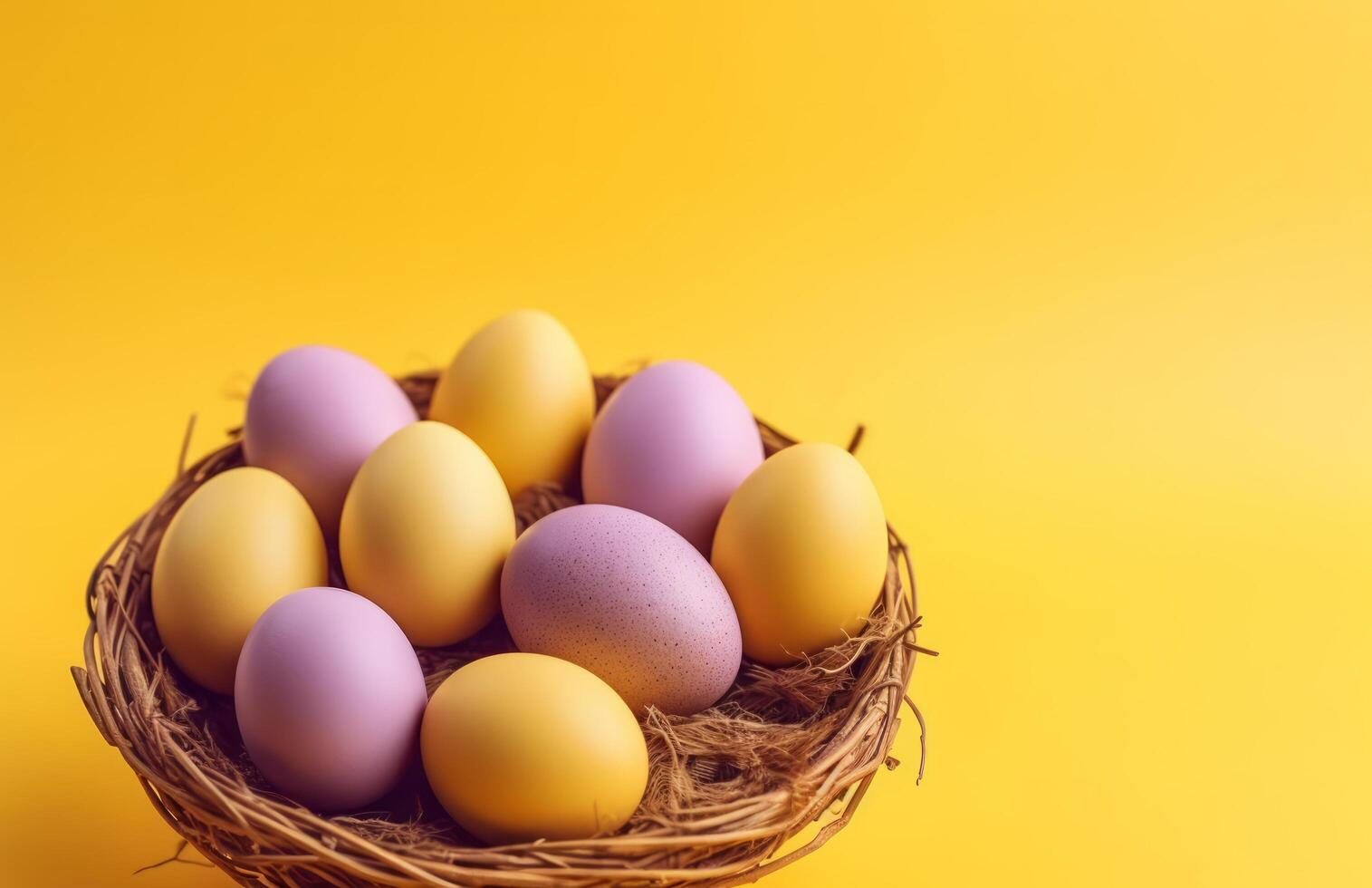 AI generated some eggs in a basket on a yellow background photo