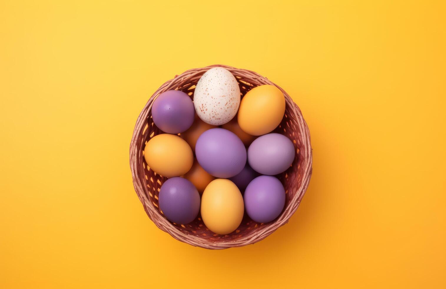 AI generated some eggs in a basket on a yellow background photo