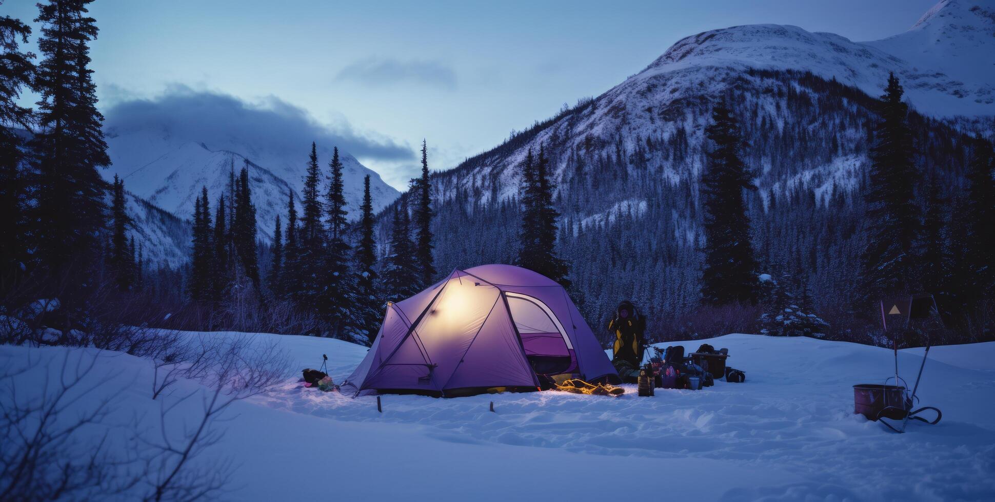 AI generated winter camps. camping in your own tent, photo