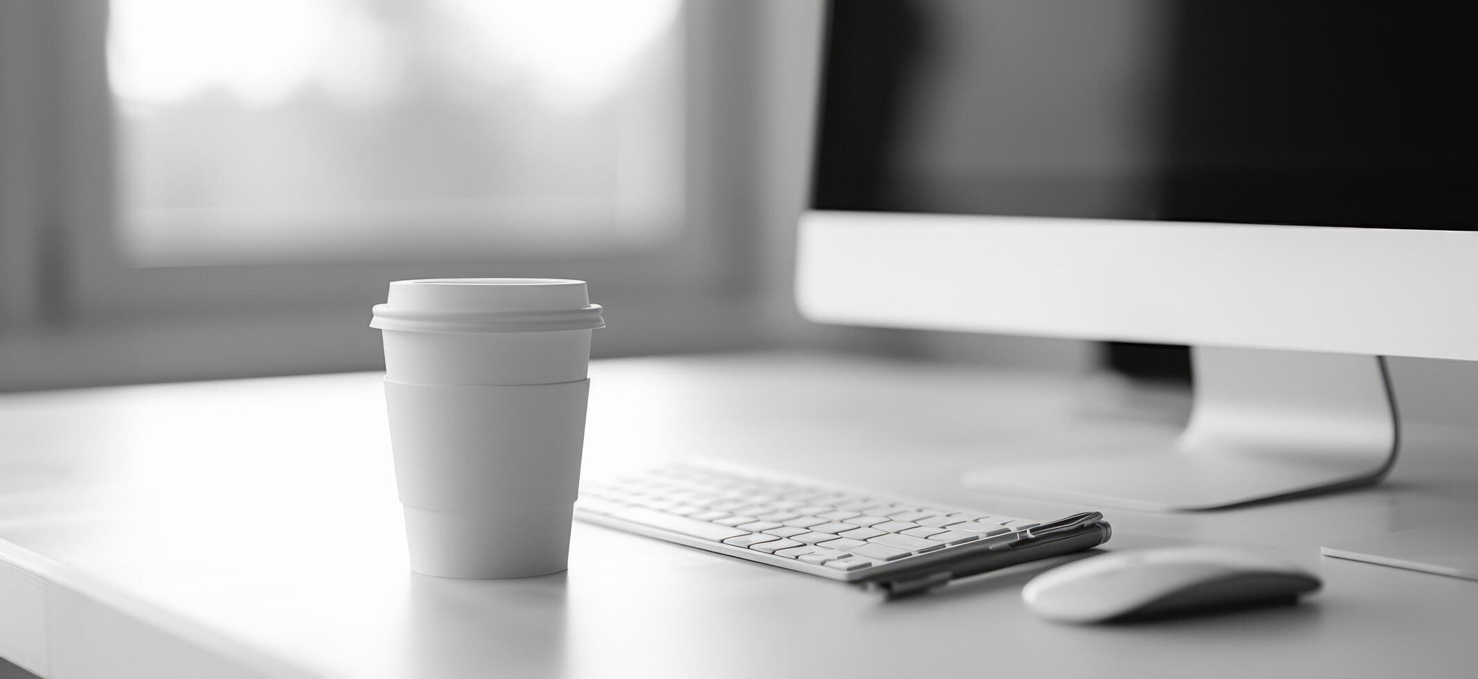 AI generated white table and computer with pen and paper, and a paper cup photo
