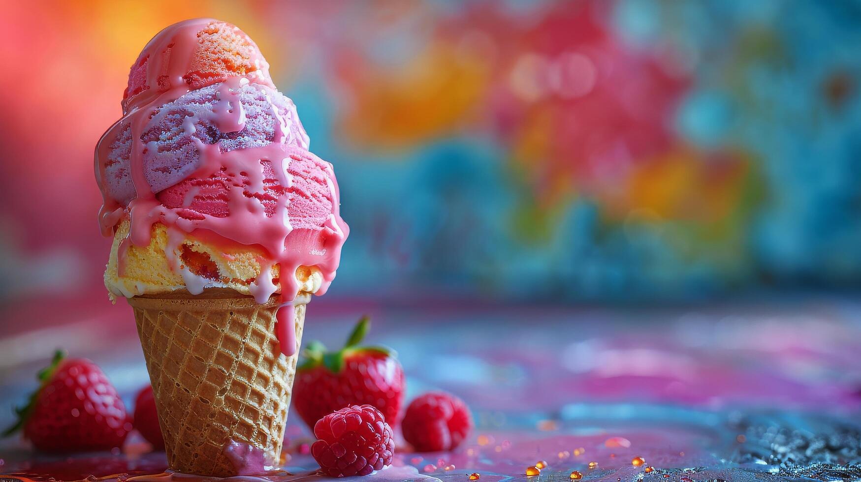 AI generated a colorful ice cream cone, with drips of melting ice cream creating a delightful mess photo