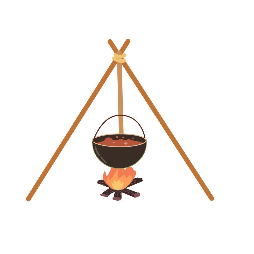 hiking pan or pot on fire icon illustration for adventure design. Vector illustration can used for camping travel card, banner, postcard, poster.