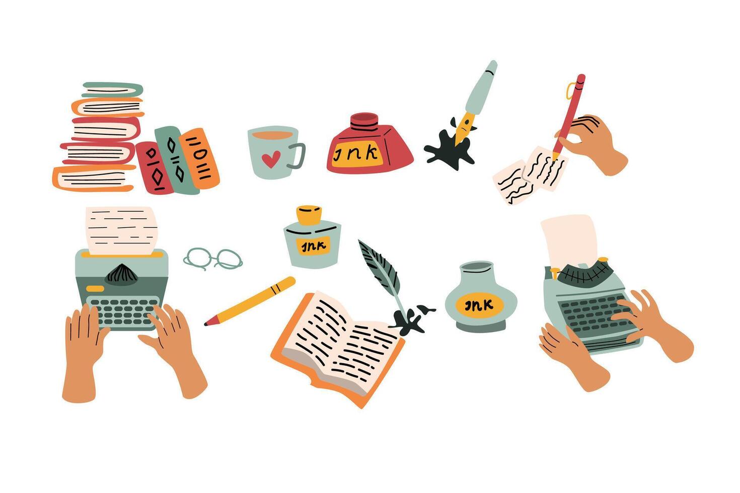 big set of writing equipment tools in retro style vector
