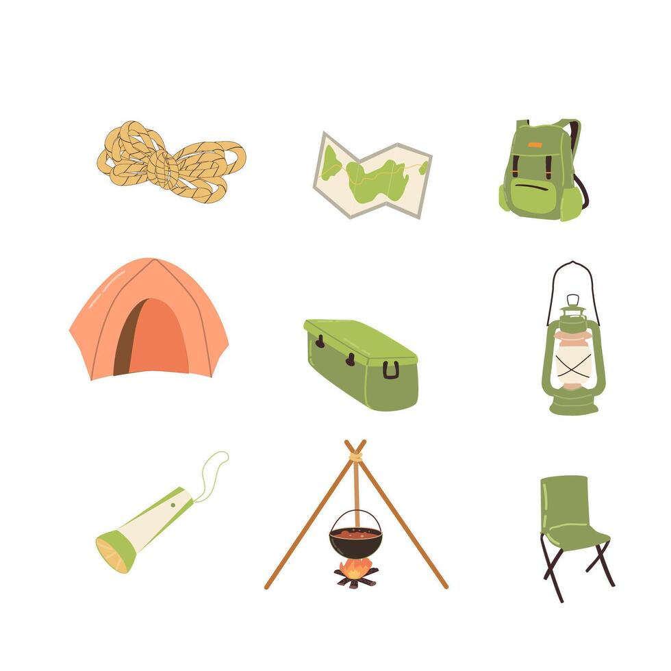 Hand drawn set of camp equipment. Vector illustration can used for camp banner, greeting card, stickers.