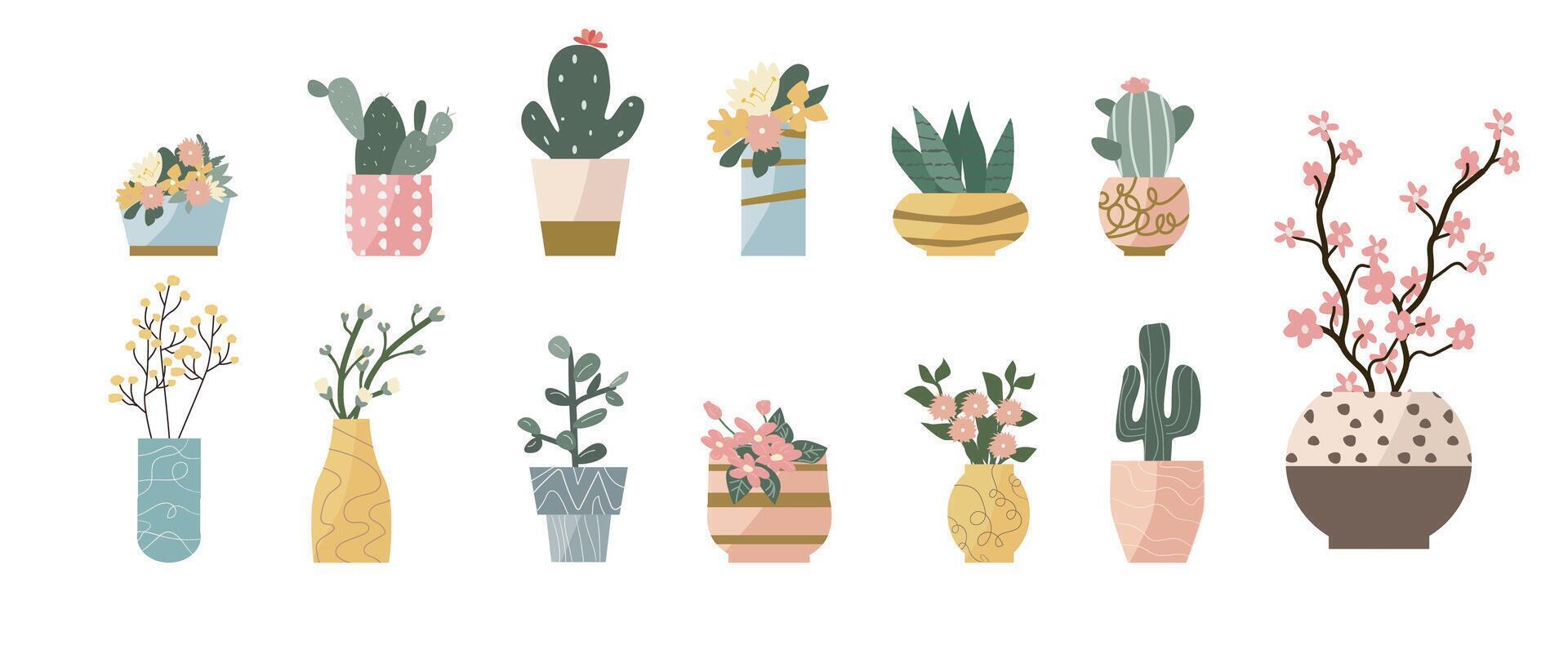 plantas de interior y flores en ollas y floreros - conjunto de vector ilustraciones. suculentas, cactus, flores y primavera ramas y banch lata usado para saludo tarjeta, pancartas, pegatinas