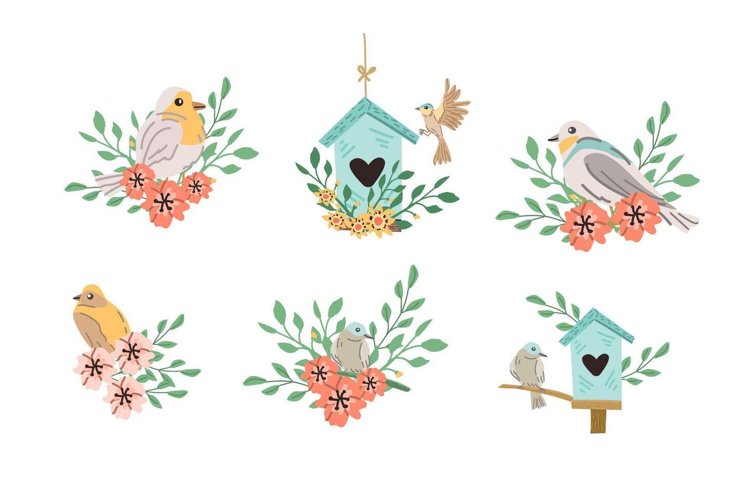 Spring birds and birdhouses design set with floral elements. Vector illustration in flat style. Spring animals and branches, birdhouses can used for cards, stickers, posters, templates. banners