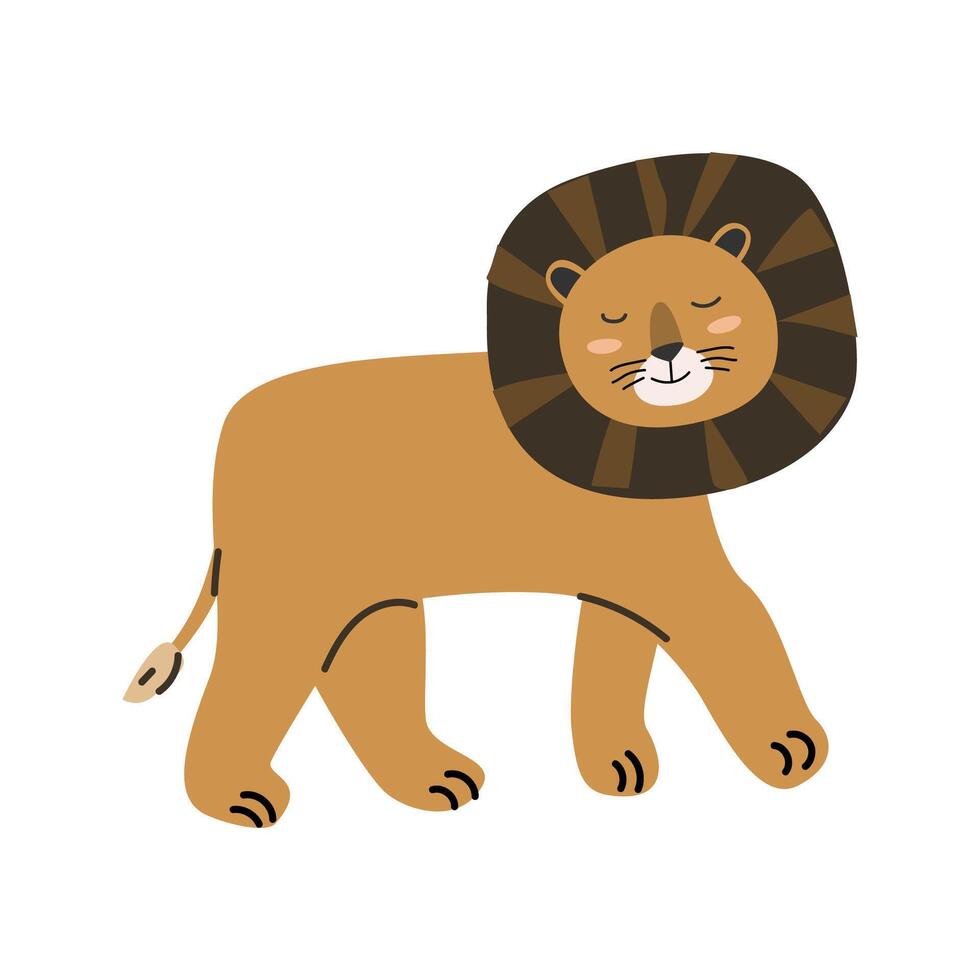 Cute jungle wild animal walking - lion in scandinavian style. Vector illustration in flat style. Isolated vector icons of wild jungle cute lion, baby animal character. Can used for cards, background.
