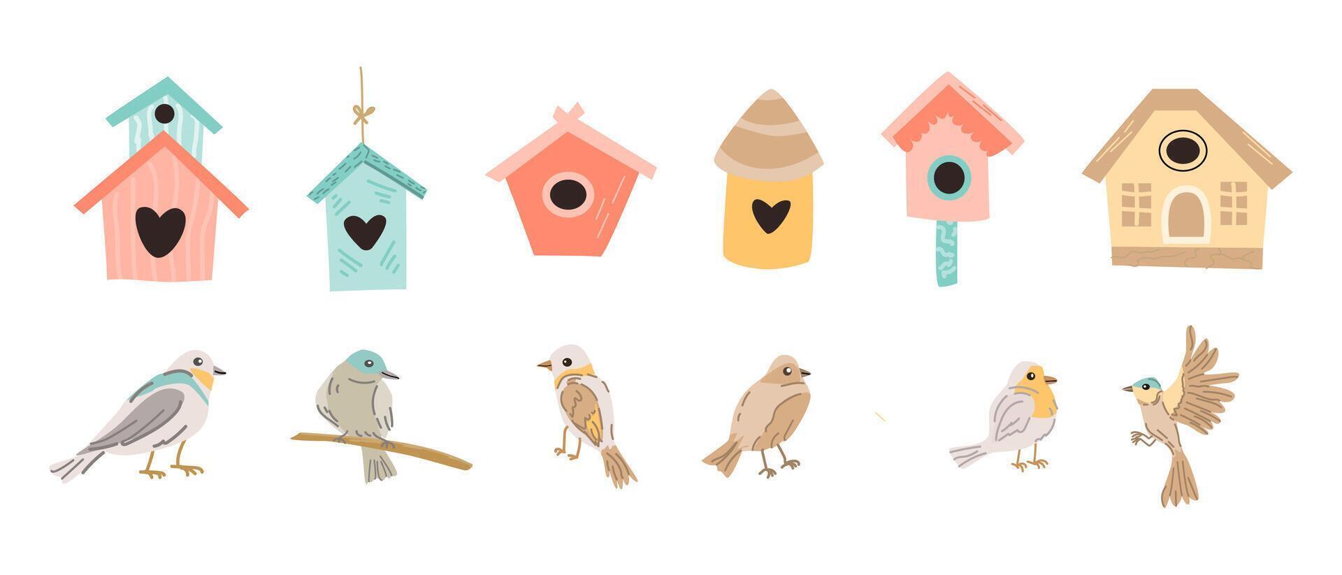 Spring birds and birdhouses set in flat, wooden birdhouses. Vector illustration in flat style. Spring animals and branches, birdhouses can used for cards, stickers, posters, templates. banners