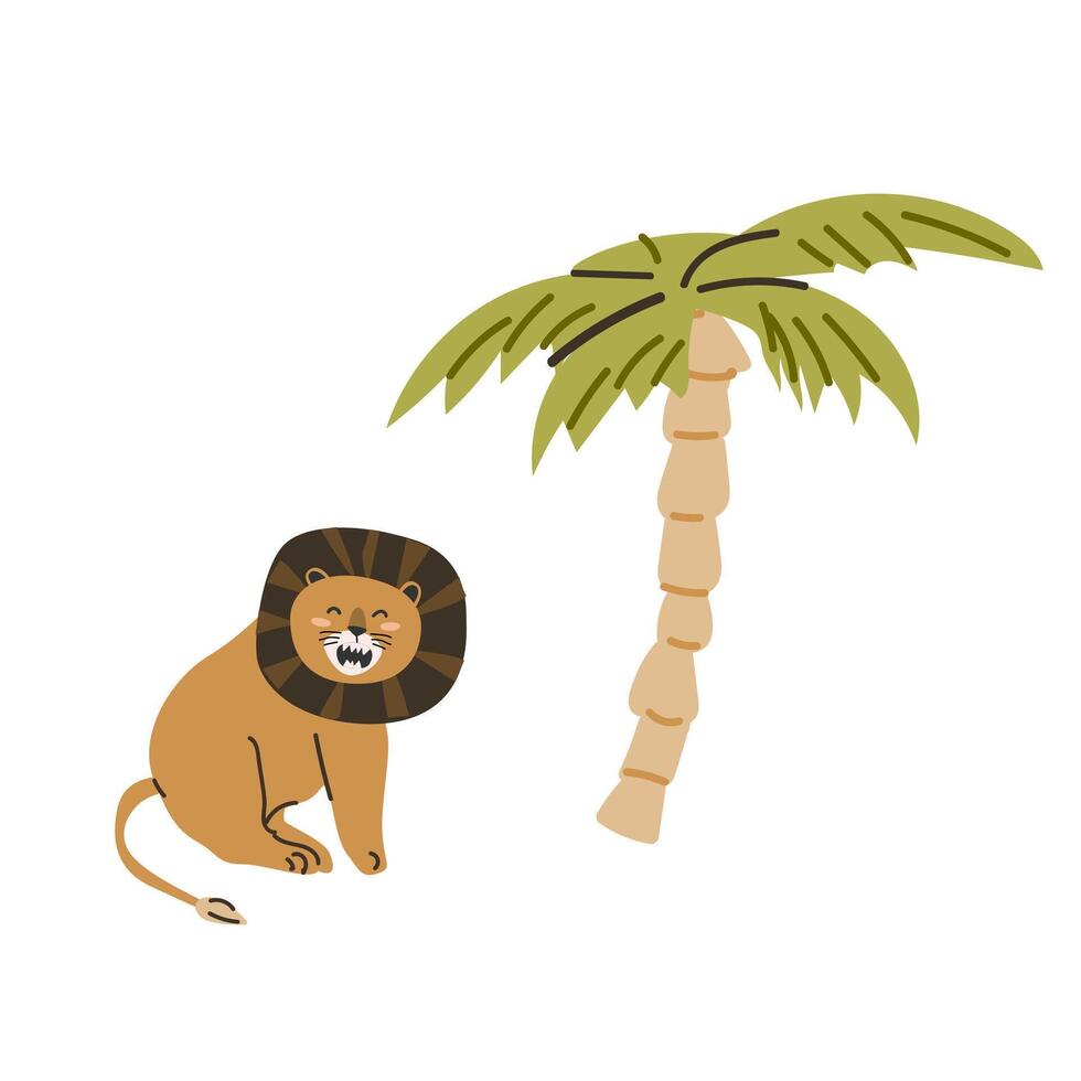 Cute jungle wild animal cat - lion with palm tree in scandinavian style. Vector illustration in flat style. Isolated vector icons of wild jungle cute lion, baby animal character. Can used for cards, background.