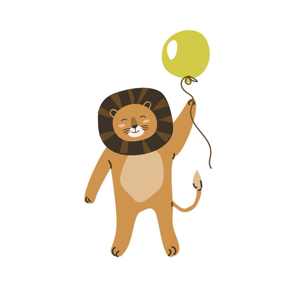 Cute animal lionwith ball clipart in scandinavian style. Vector illustration in flat style. Isolated vector icons of wild jungle cute lion, baby animal character. Can used for cards, background.