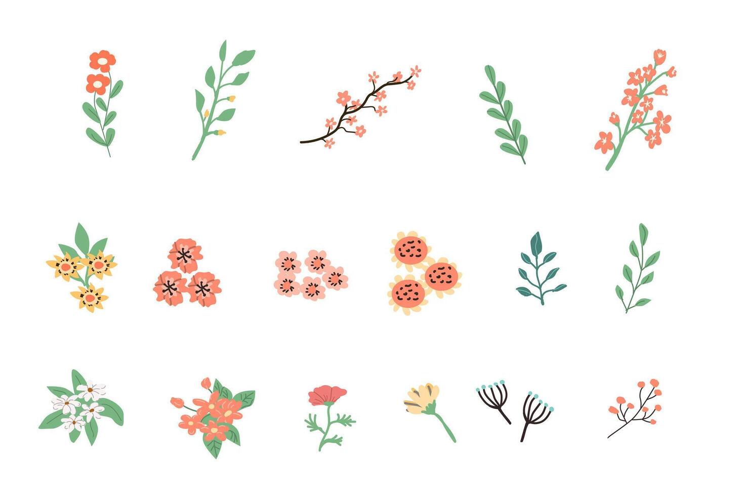 Spring set of flowers and branches - floral elements for design. Vector illustration in flat style. Spring animals and branches, birdhouses can used for cards, stickers, posters, templates. banners