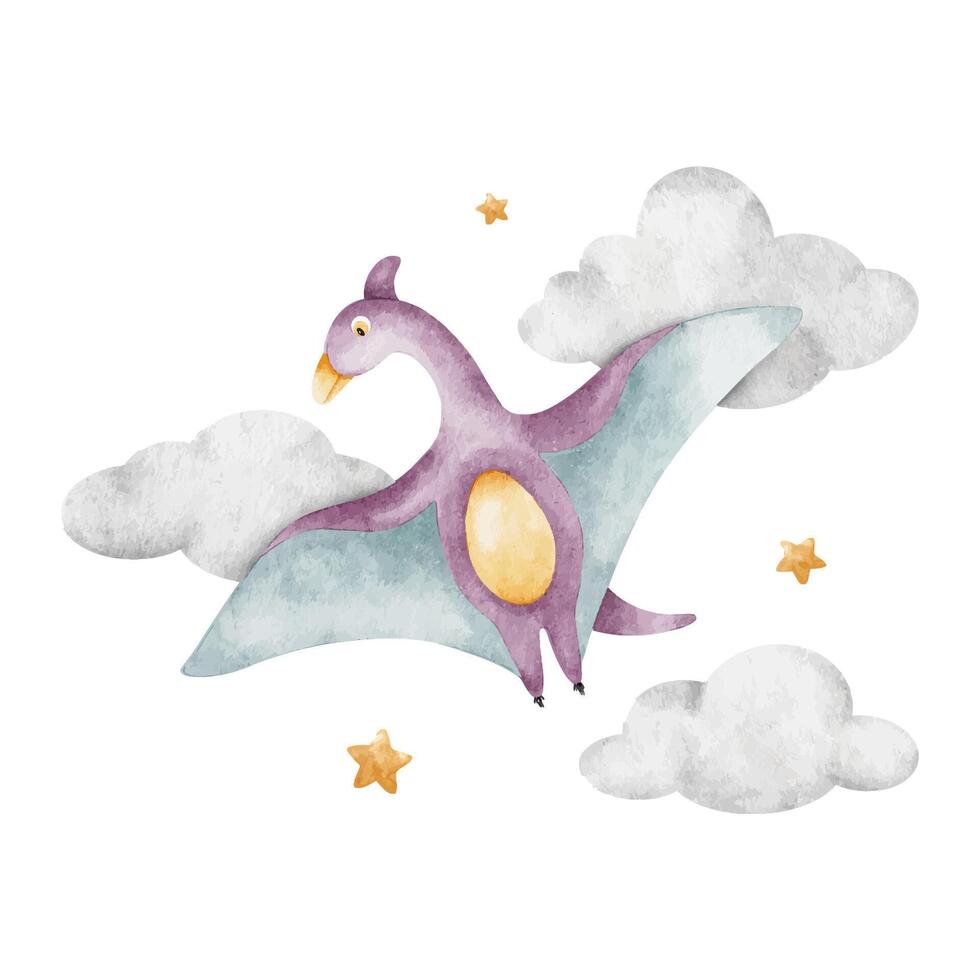 Cute purple dinosaur flying in clouds, stars. Isolated hand drawn watercolor illustration of dino. Clipart of pterodactylus for children's invitation cards, baby shower, decoration of kid's rooms vector