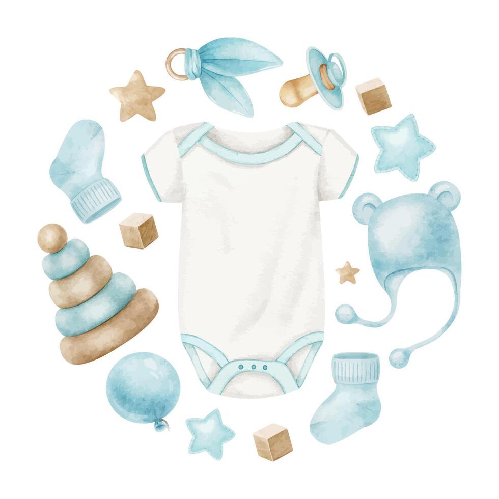 Round composition of accessories for newborn boy, bodysuit soother, cap, socks, toy pyramid, stars and teether. Isolated watercolor illustrations kids good and shop, cards, baby shower, kid's room vector