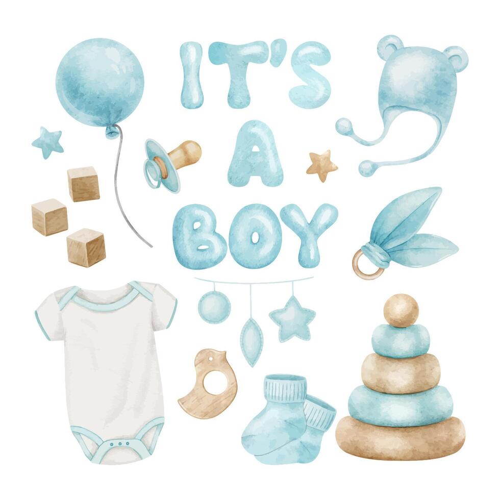 Set of accessories for newborn boy. It's a boy,Bodysuit, soother, cap, socks, toy pyramid and teether. Isolated watercolor illustrations for kids good and shop, cards, baby shower, kid's room and toy vector