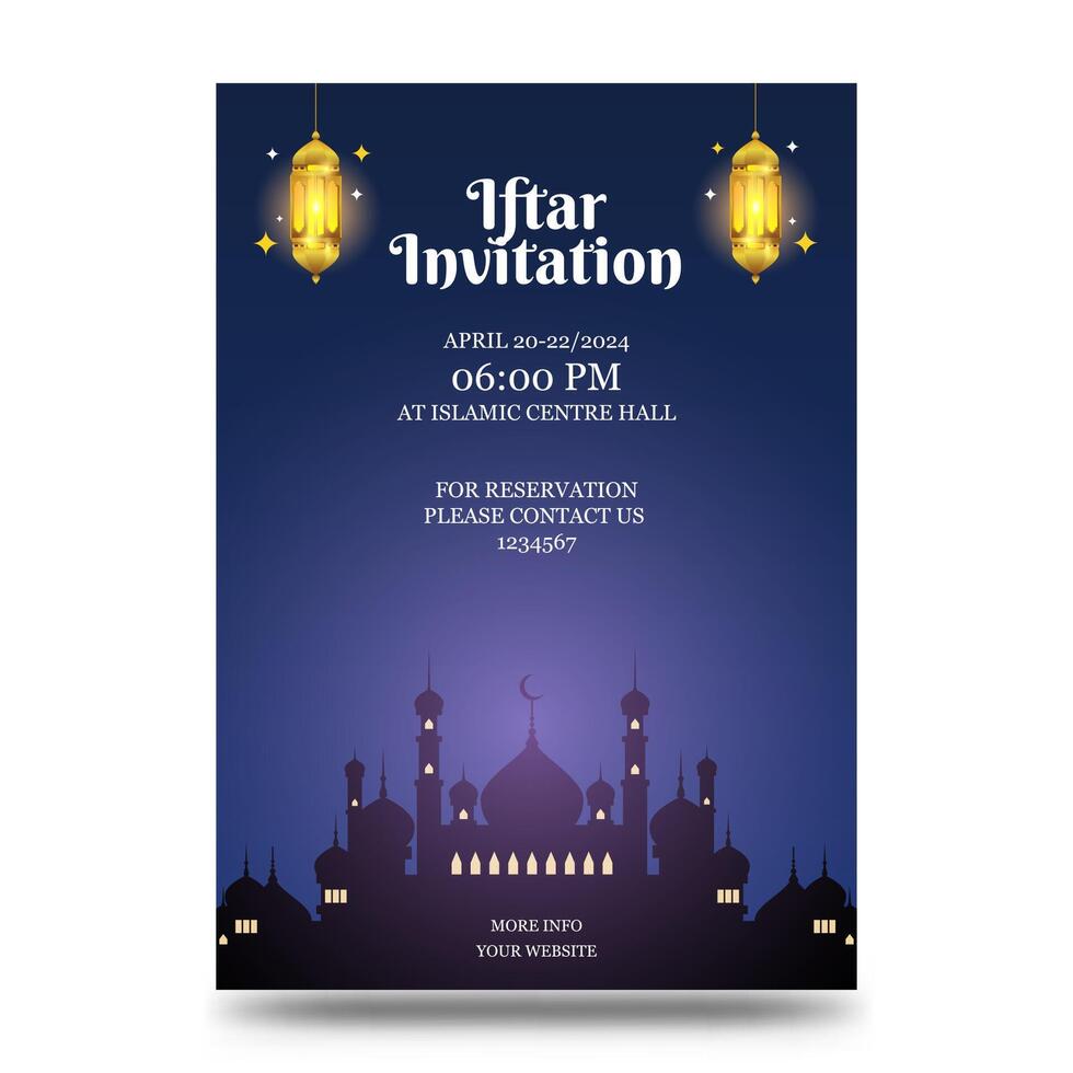 Iftar invitation template with a beautiful mosque and lanterns at night vector