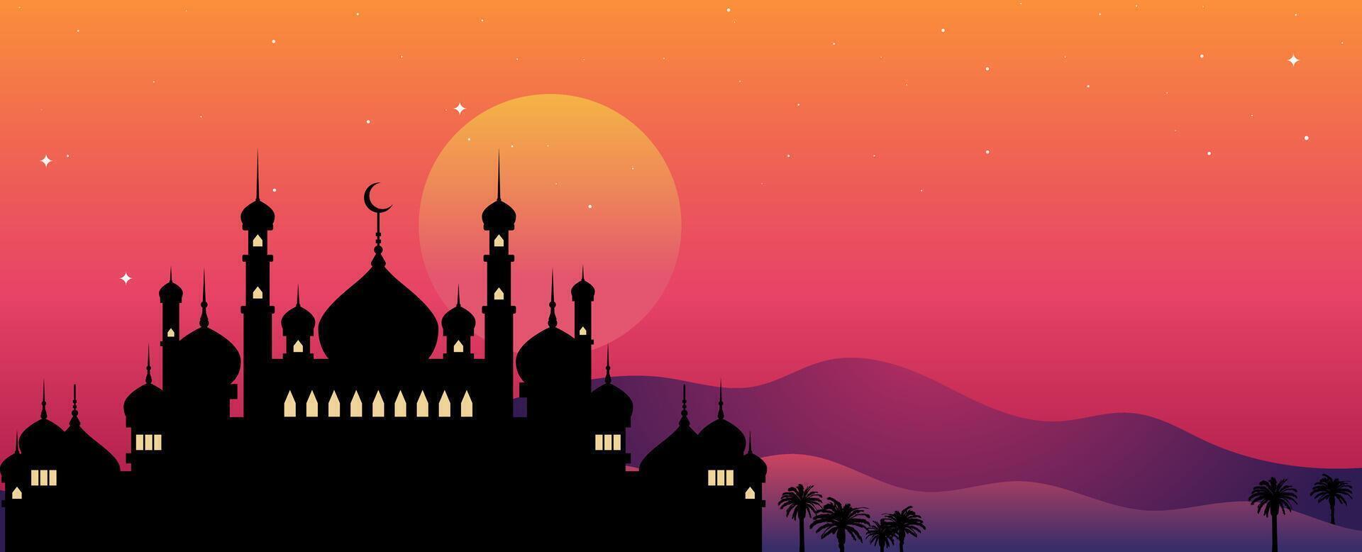 panoramic background with a beautiful mosque silhouette in the afternoon vector