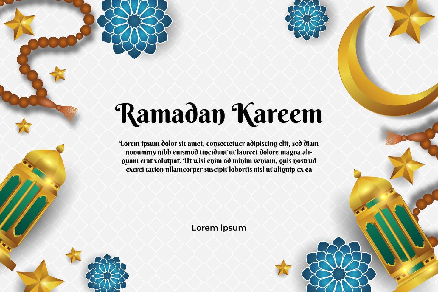 beautiful decorations ramadan with golden lantern, crescent moon,  and prayer beads. background template vector