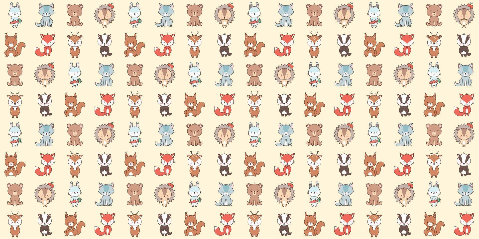 Seamless pattern with cute forest animals fox hare bear wolf hedgehog, badger, deer, squirrel. Cute animals in kawaii style. Drawings for children. vector illustration