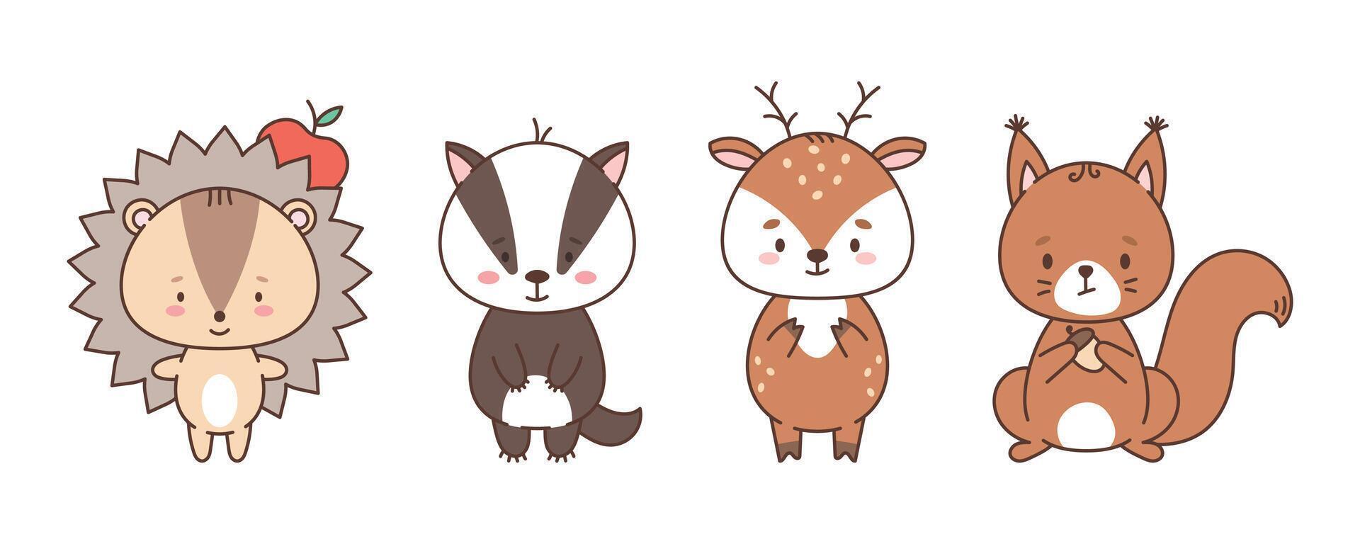 Set of cute forest animals hedgehog, badger, deer, squirrel. Cute animals in kawaii style. Drawings for children. vector illustration