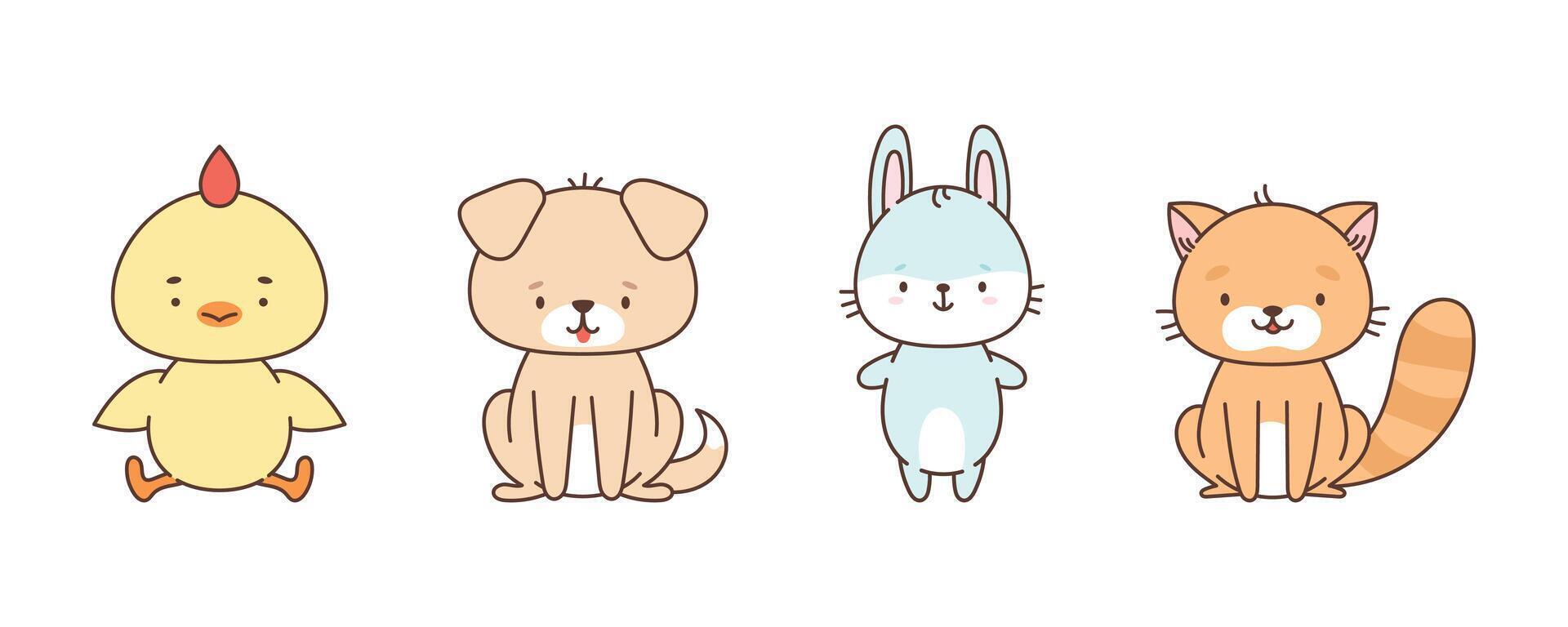Set of cute farm animals chicken dog bunny cat. Cute animals in kawaii style. Drawings for children. vector illustration