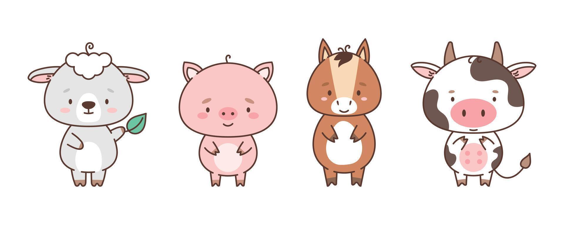 Set of cute farm animals sheep piggy horse cow. Cute animals in kawaii style. Drawings for children. vector illustration