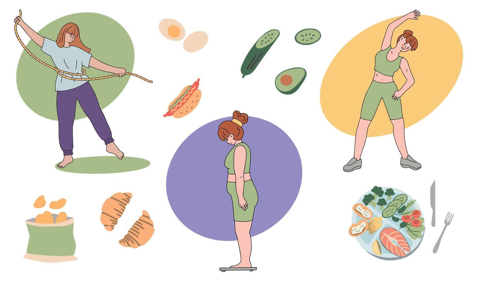 Concept of weight loss. Healthy and unhealthy eating. Overweight woman and woman with good figure. Fitness elements. Flat vector illustration.
