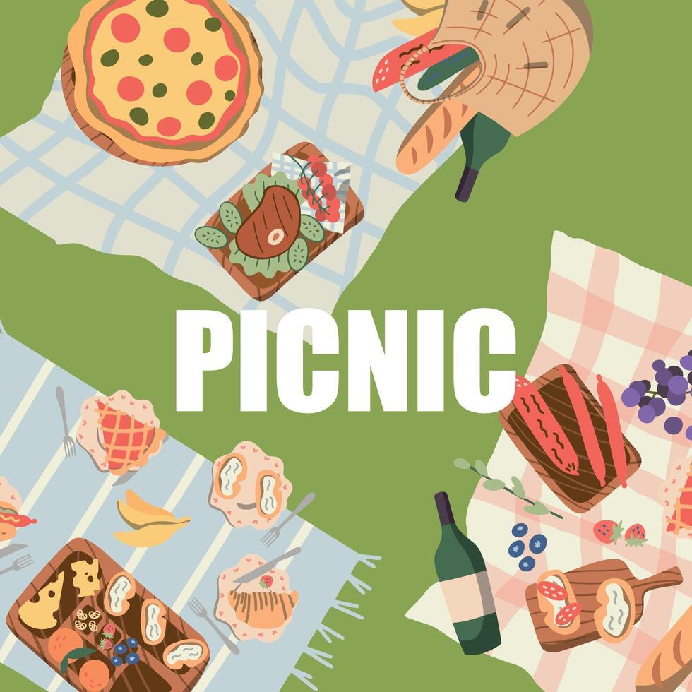 Picnic in the park. Basket of delicious food fruits, vegetables, pies, buns. Cards. Background space for text. View from above. Flat design style. Vector illustration