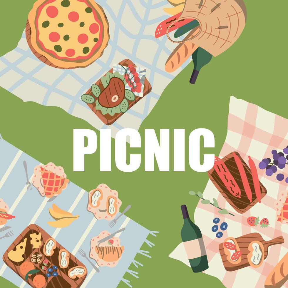 picnic en el parque. cesta de delicioso comida frutas, verduras, empanadas, bollos tarjetas antecedentes espacio para texto. ver desde arriba. plano diseño estilo. vector ilustración