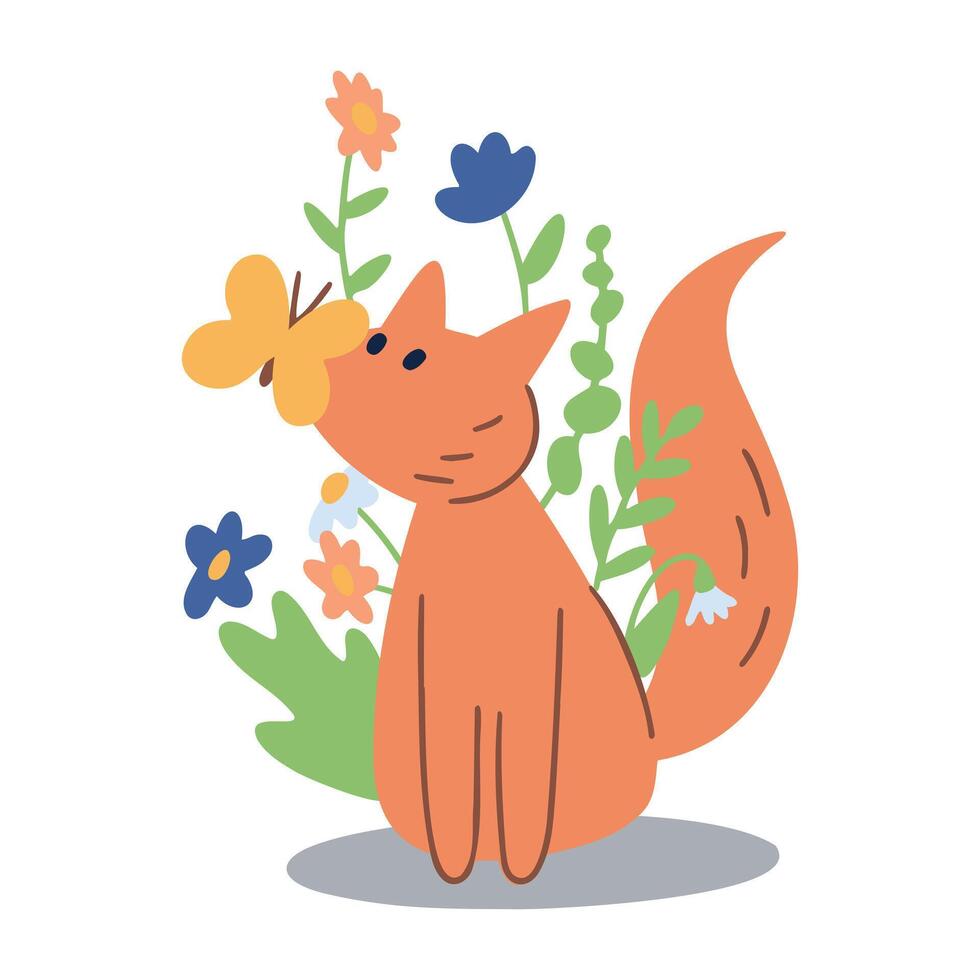 Cute funny fox in daisy crown, bees, flowers, isolated on white. Hand drawn wild animal vector illustration. Scandinavian style woodland. Flat design. Concept for kids fashion, textile print, poster